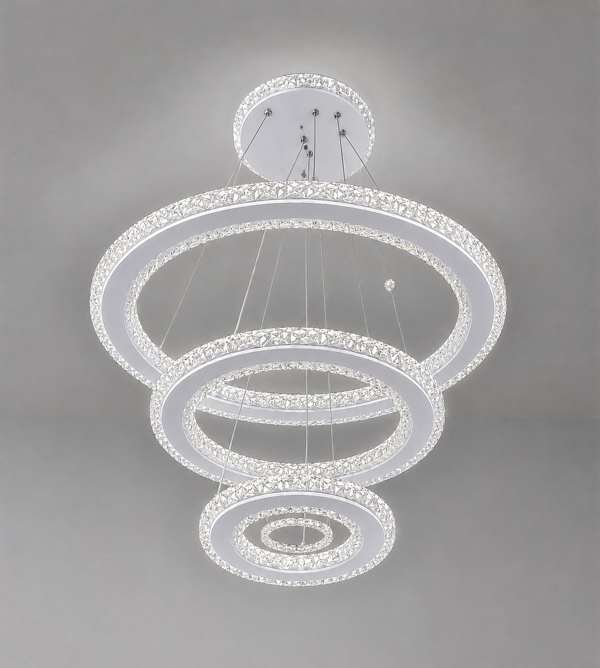 Lustre LED Cristal 3 Anneaux – Blanc Moderne