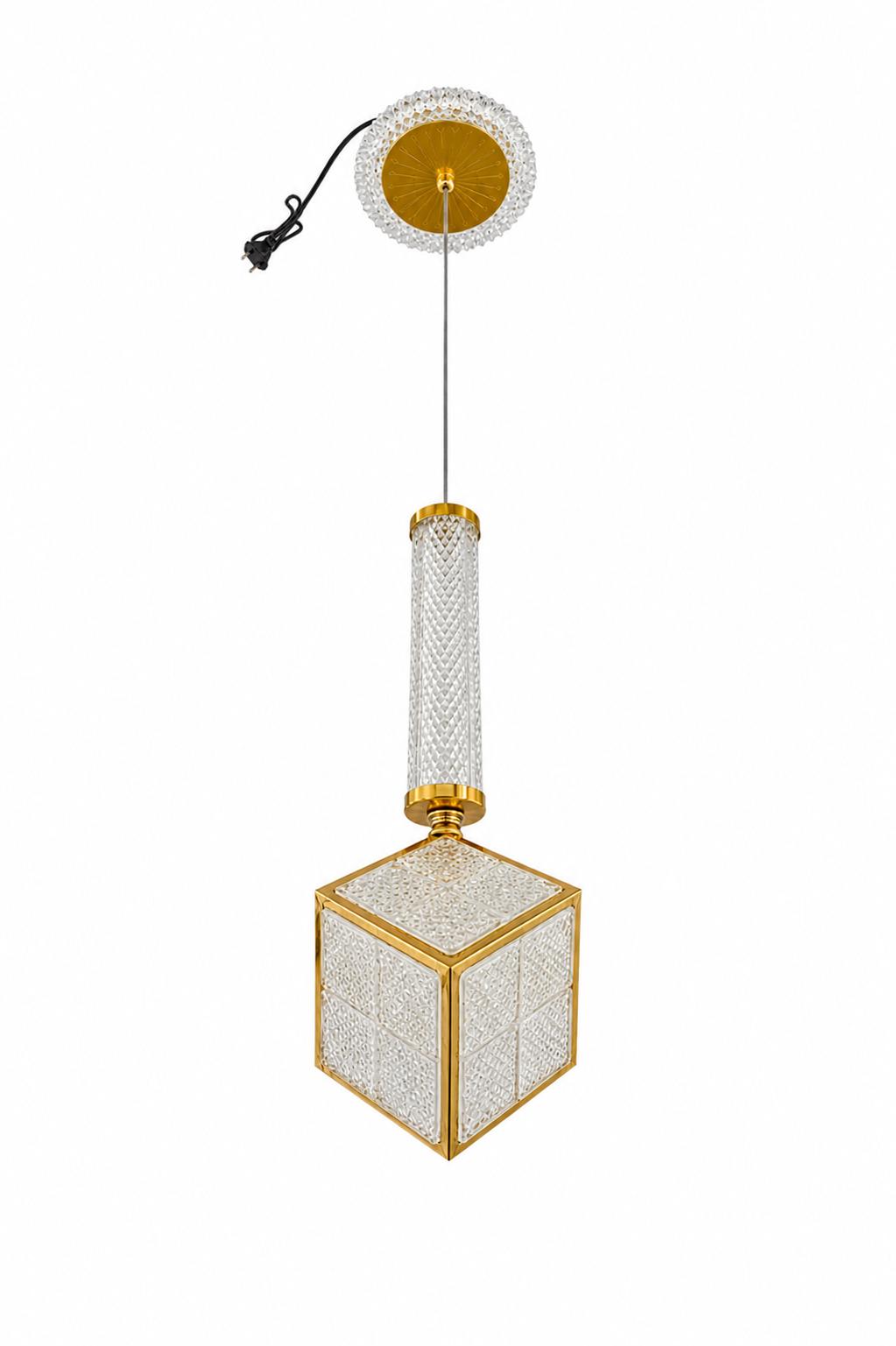 Suspension LED Cube Cristal – Doré Moderne