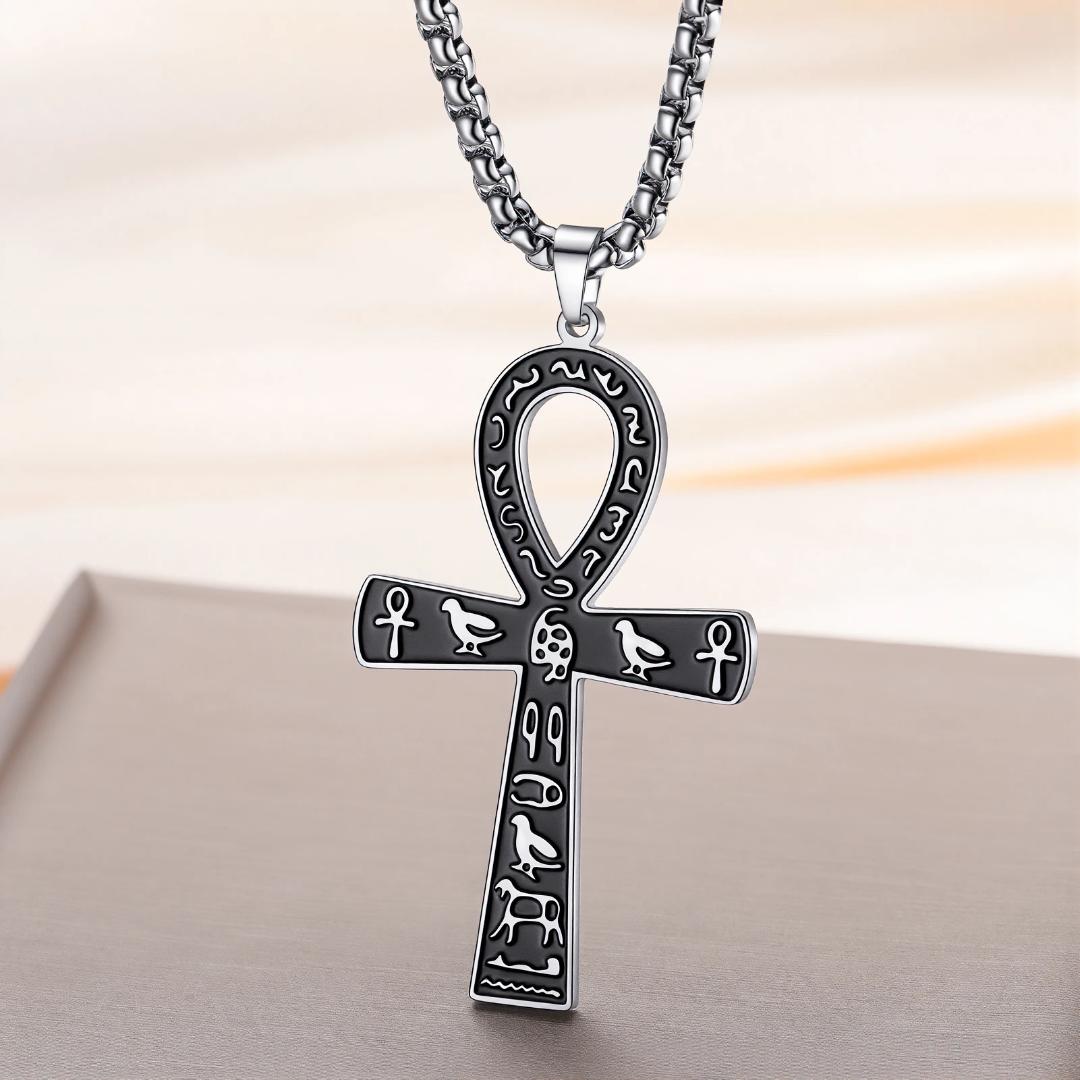 Collier Homme avec Pendentif Croix Égyptienne Ankh – Argenté et Noir