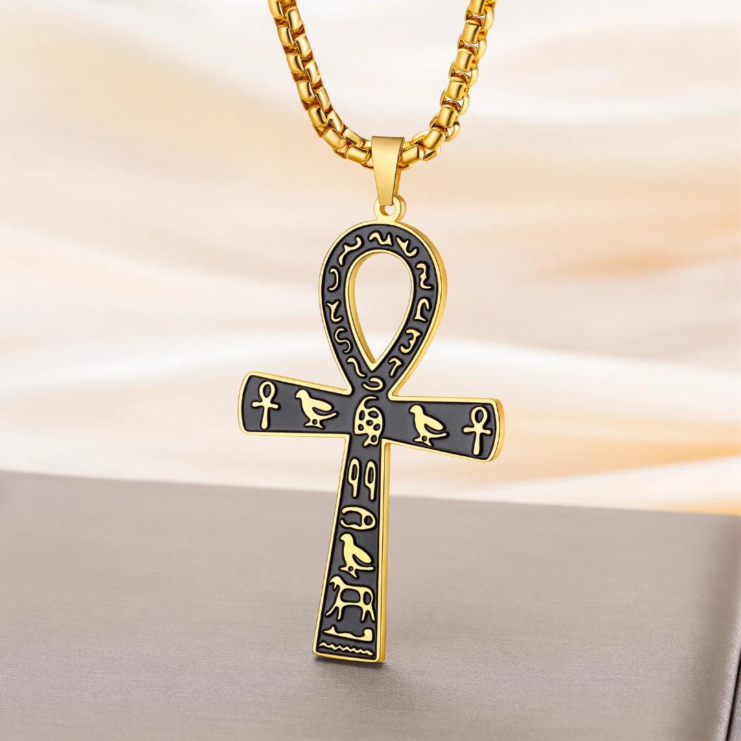 Collier Homme avec Pendentif Croix Égyptienne Ankh Doré et Noir